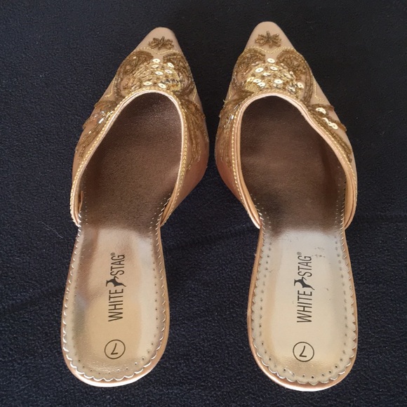 Gold Satin Slip on Shoes with Beading and Sequins - Picture 4 of 10